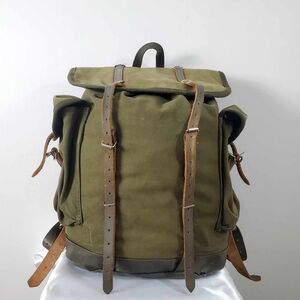 Vintage Army Canvas Rucksack, Leather Straps and Trim, Green